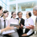 A diverse group of Vietnamese people discussing insurance options.