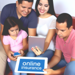 Gia đình thảo luận về đăng ký bảo hiểm online trên thiết bị điện tử.