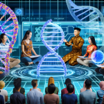 Gen Z individuals study DNA with holographic screens.