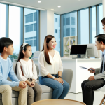 Bốn thành viên gia đình Việt Nam trao đổi với chuyên viên bảo hiểm trong văn phòng.